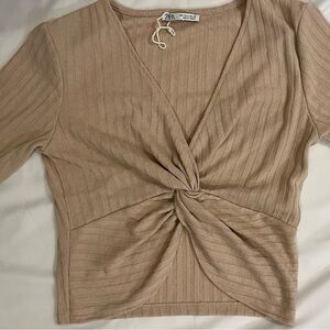 Zara Beige Ribbed Twist Front Short Sleeve Top Size S